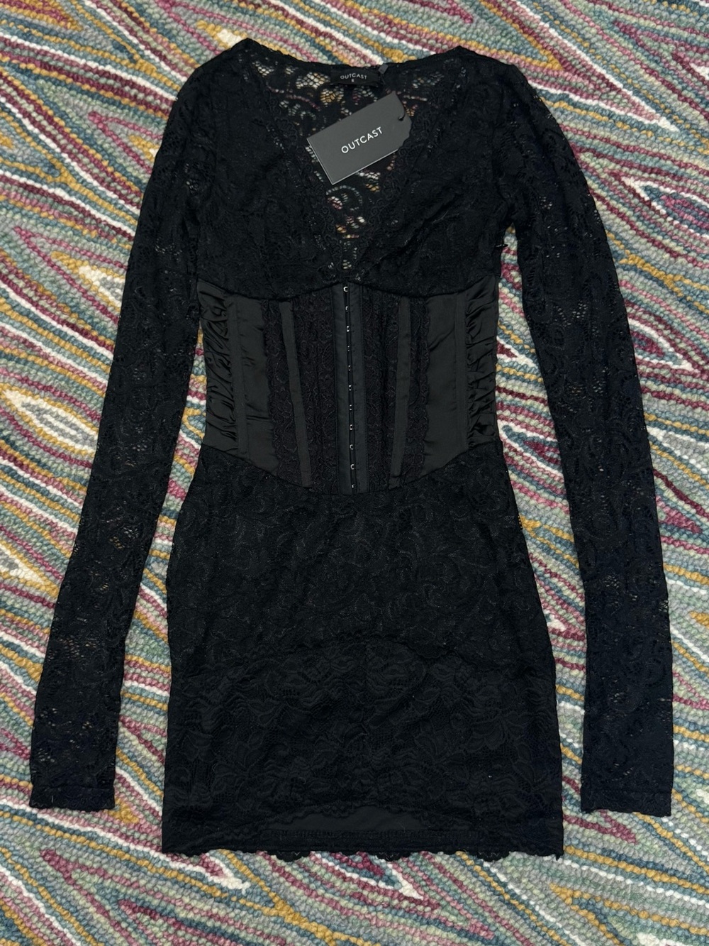 ▪️♟️Outcast Anita Mini Dress Corset Black Lace Long Sleeve Bodycon ♟️▪️ - Picture 4 of 15